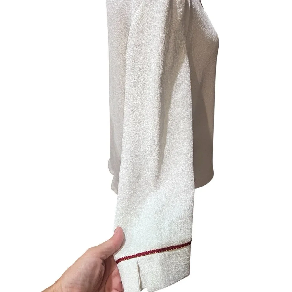 Maje White Crepe Dainty Keyhole‎ Minimalist Blouse Red Trim  3/4 Sleeve Medium